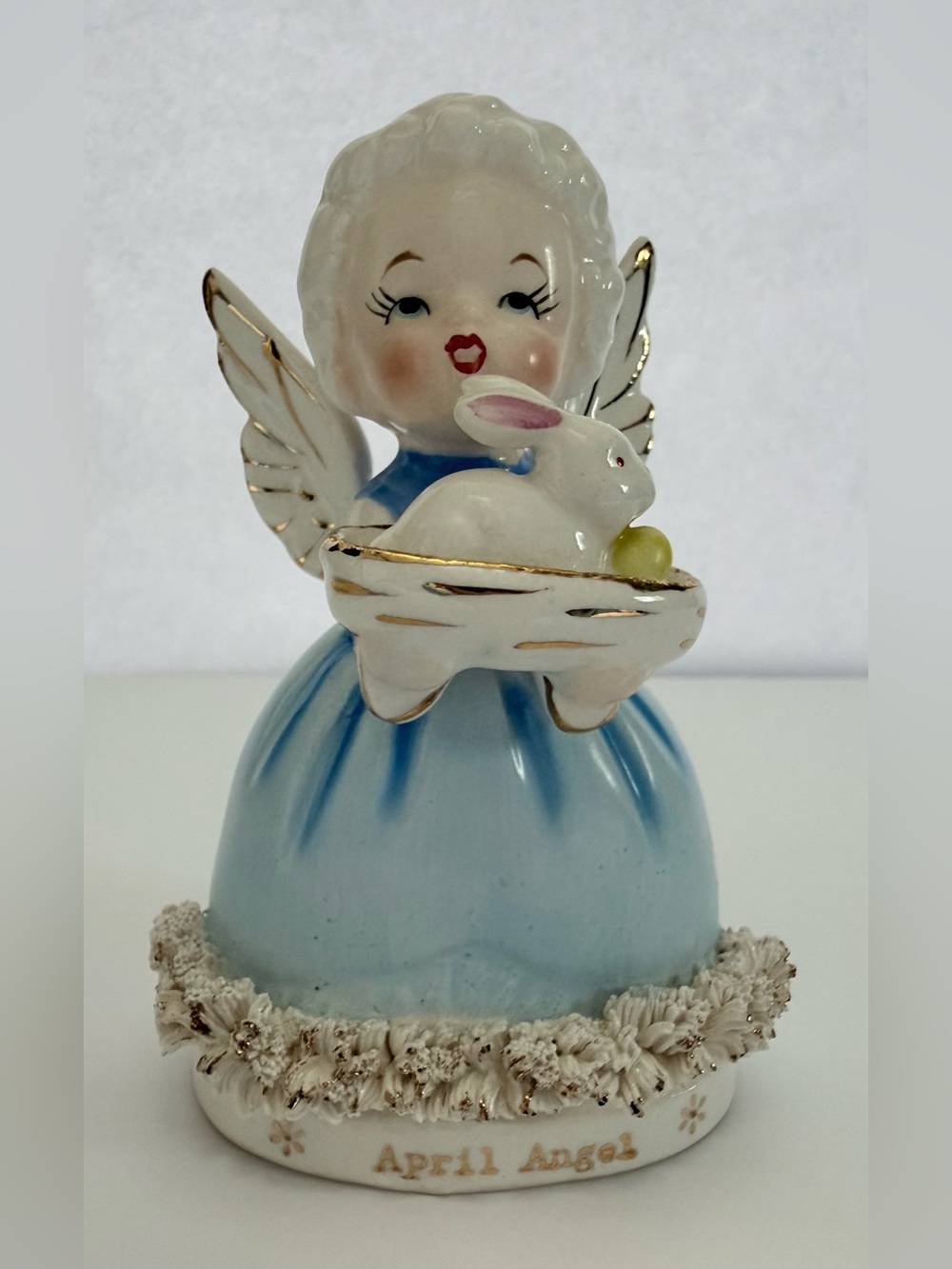April Angel Japan Ceramic Figurine Hand Painted 1950s Easter Angel w/ Bunny